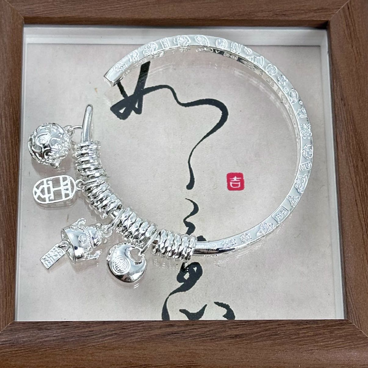 足银手镯 A169足银999.9【万贯盘缠】招财猫平安吊坠铃铛纯银手镯