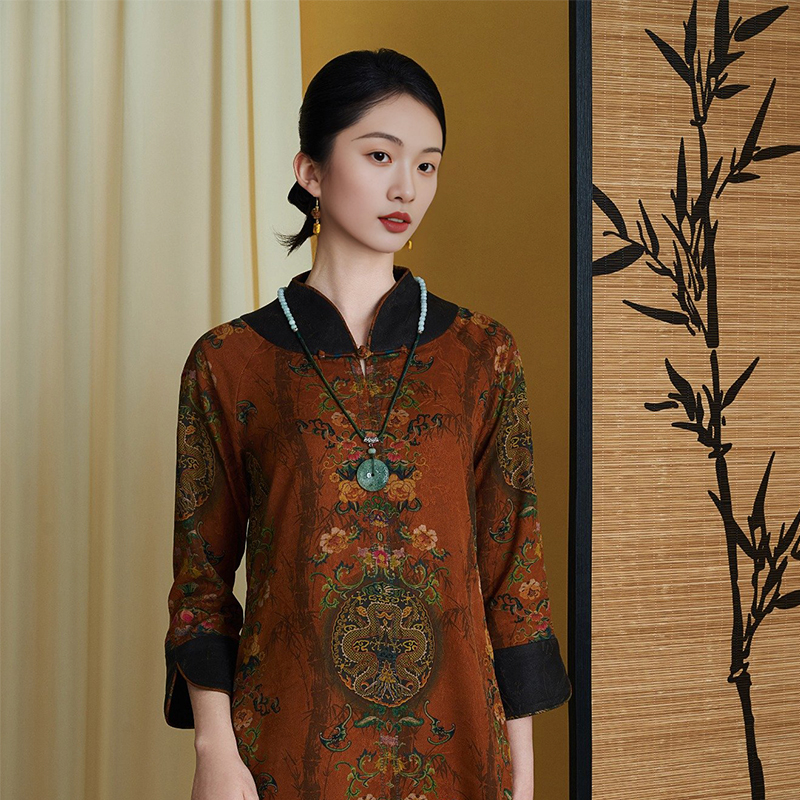 祥安姿服饰【时韵】香云纱国风复古新中式连衣裙C394128