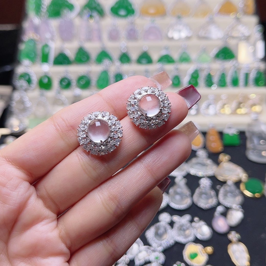 石英质玉耳钉银S925镶嵌花**～