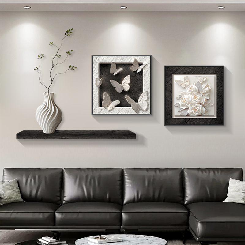 2025年新款简约现代客厅黑白灰装饰画蝴蝶花卉挂画沙发背景墙壁画