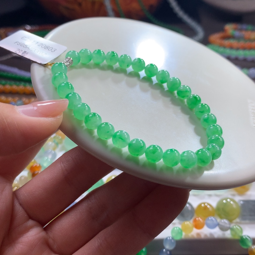 翡翠未镶嵌手链！木那胶润细腻甜绿飘金丝绿卡6