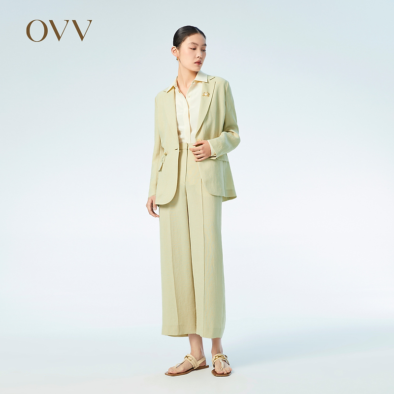 【艾钱钱专属】OVV春夏女装三醋酸仿麻松紧腰直筒西裤GTXFJ13008A