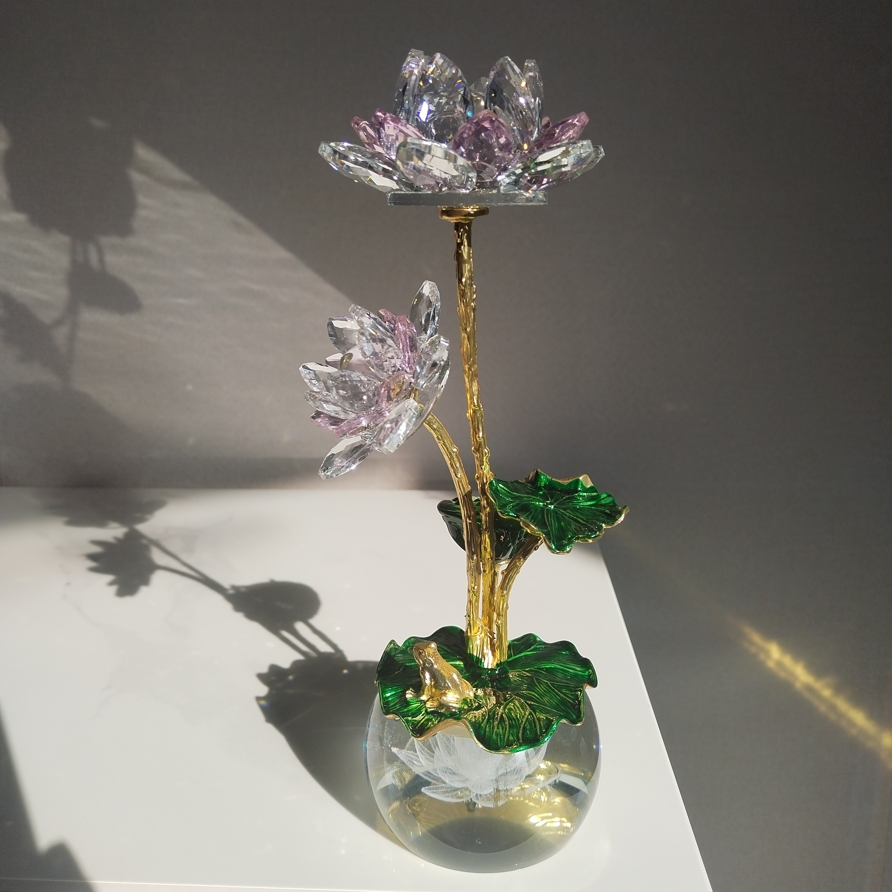 新款内雕莲花底座水晶玻璃并蒂荷花莲家居装饰摆件