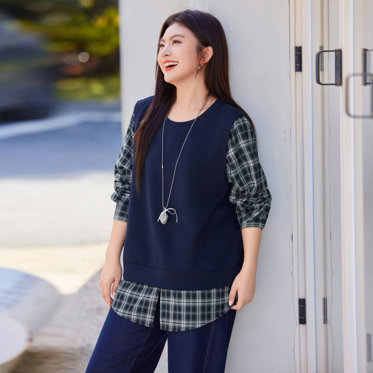 【秋上新假两件拼接格纹】MsShe大码女装2025秋装长袖卫衣C2508027