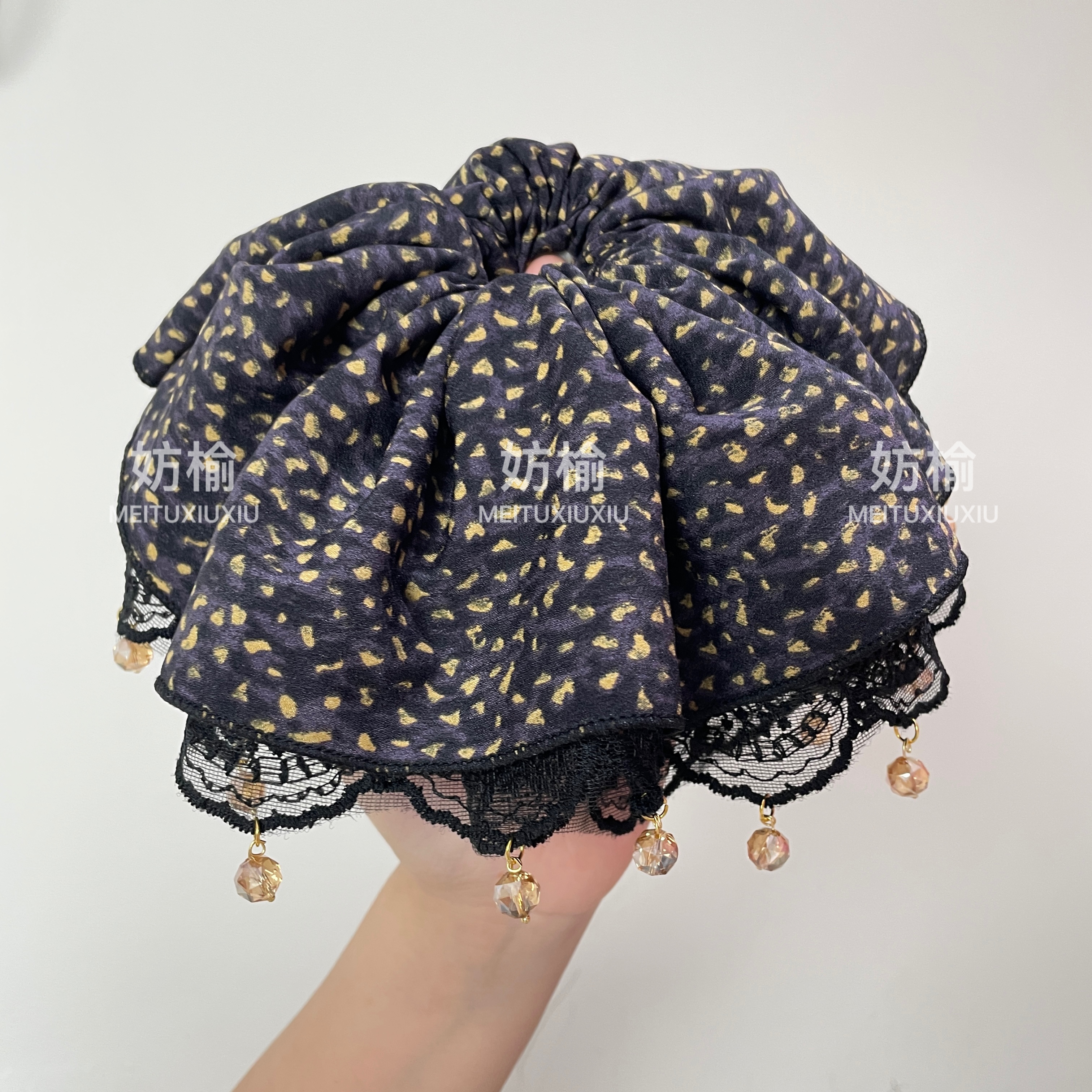 dyf069超大版复古豹纹大肠发圈女后脑勺百搭重工单圈发圈纯手工