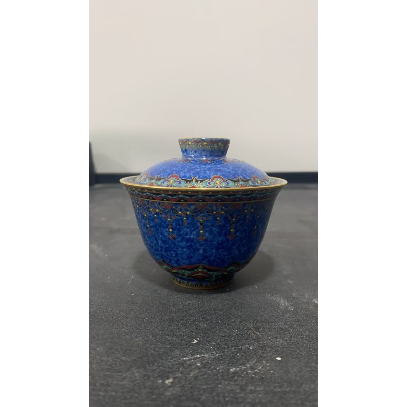 景德镇昱器洒蓝金银错盖碗微瑕1（带吊坠