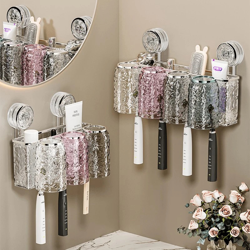 吸盘牙刷置物架壁挂式免打孔卫生间浴室刷牙杯漱口杯家用牙具架子