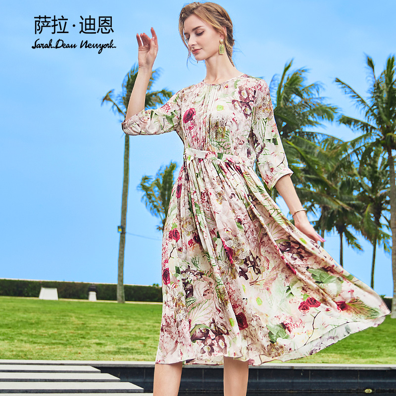 【玫瑰庄园】萨拉迪恩重磅真丝连衣裙气质时尚女士印花长裙春夏