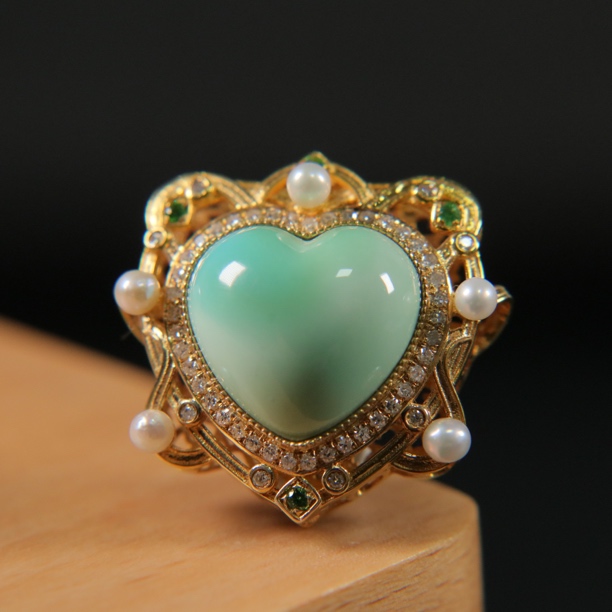 原矿绿松石18K桃心背云吊坠，尺寸24×22.3×10mm，重5.33g