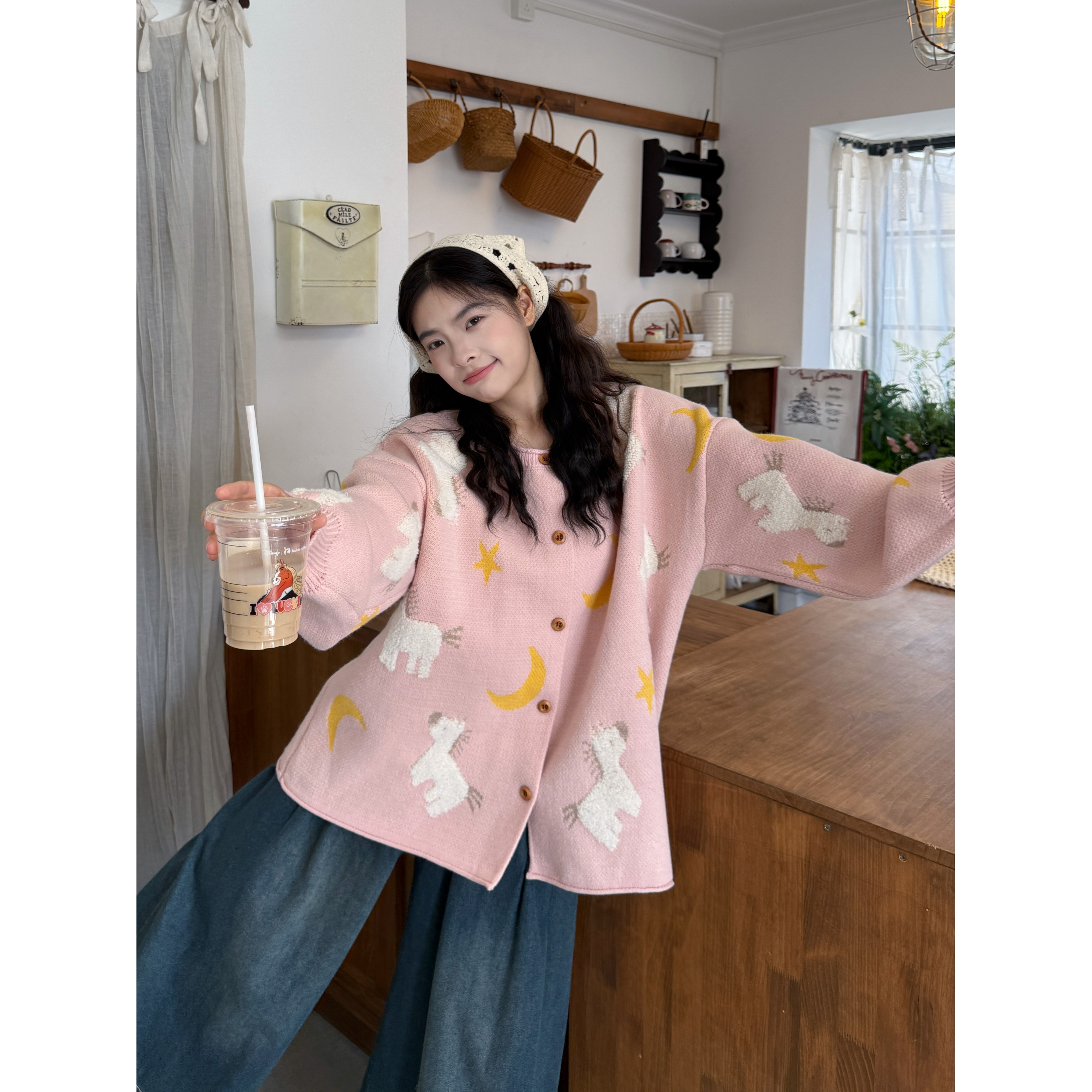 慵懒宽松提花针织毛衣外套女秋冬新款减龄外穿显瘦长袖针织衫上衣