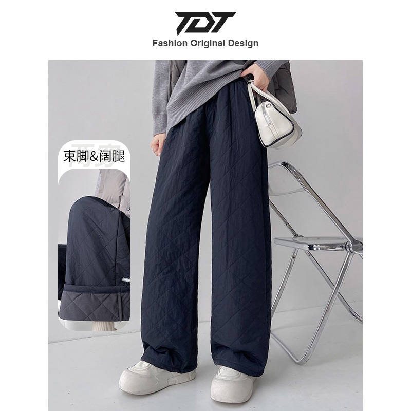 「TDT」2025新款冬季菱格夹棉裤女加厚保暖直筒束脚两穿抽绳阔腿裤