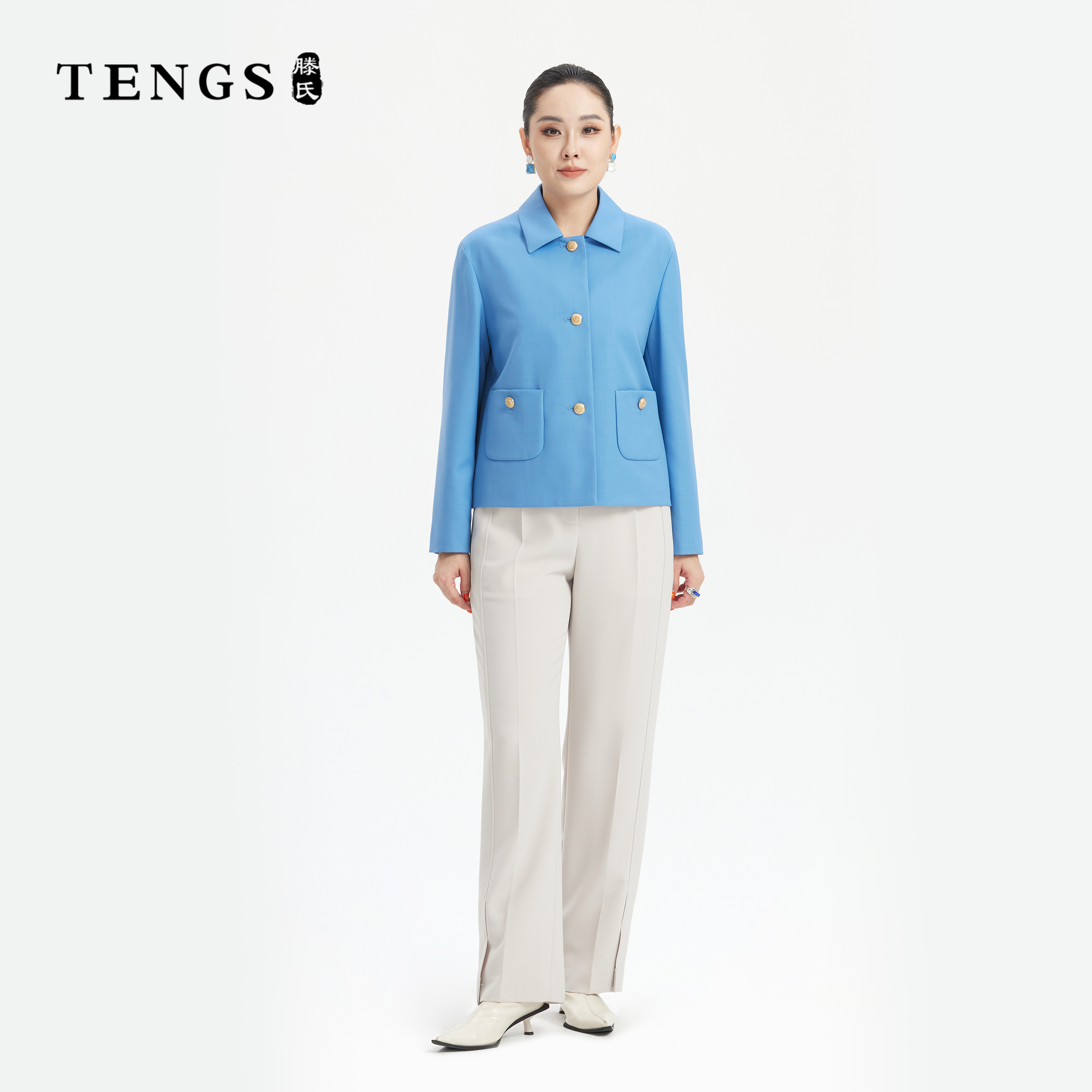 TENGS滕氏女装秋季新款质感绵羊毛混纺轻奢商务蓝色短外套