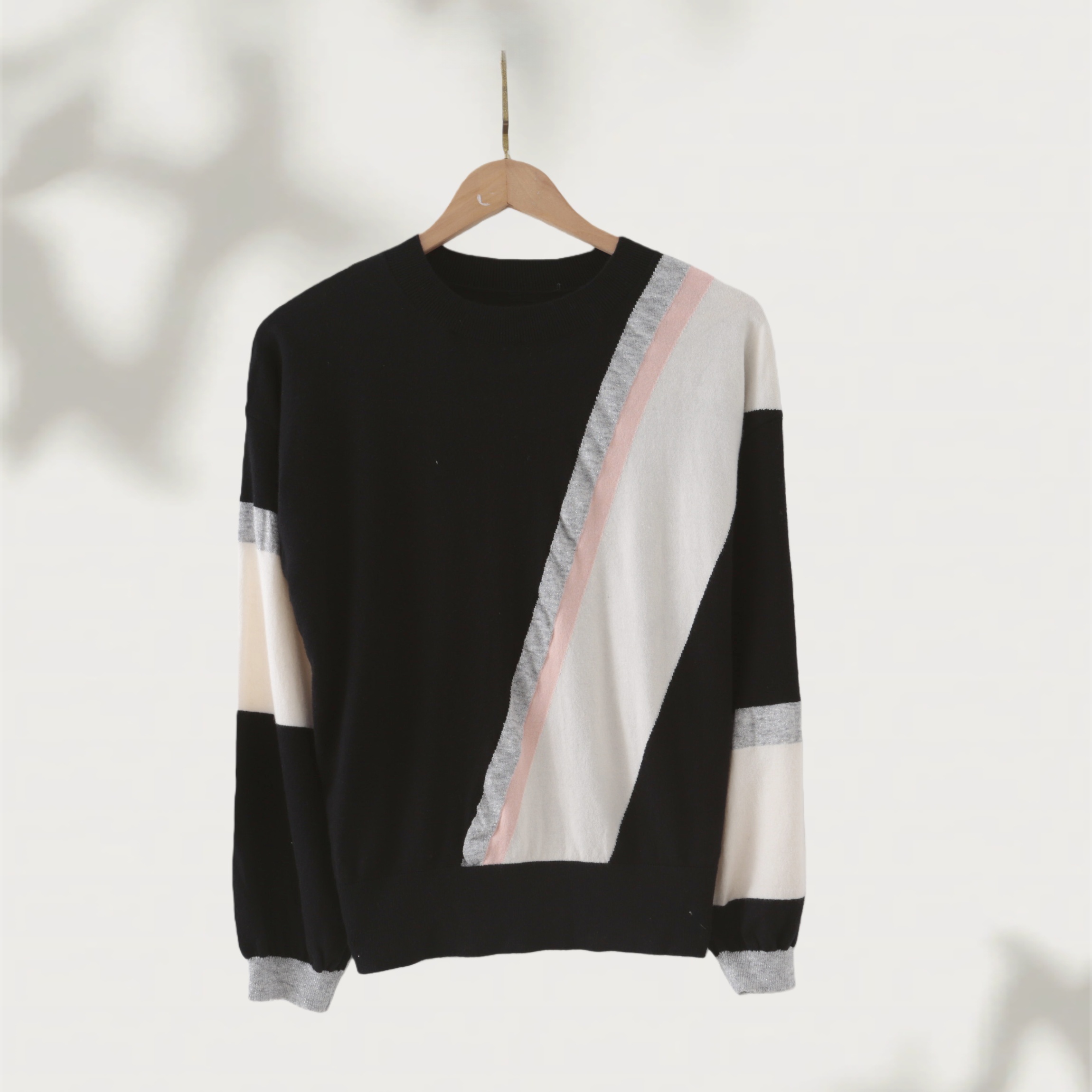 秋季女士圆领撞色针织衫02388软糯毛衣套头衫显瘦百搭上衣