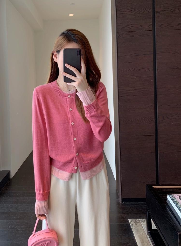 颜色好美 显白减龄时髦假两件粉色针织开衫女外套秋冬新