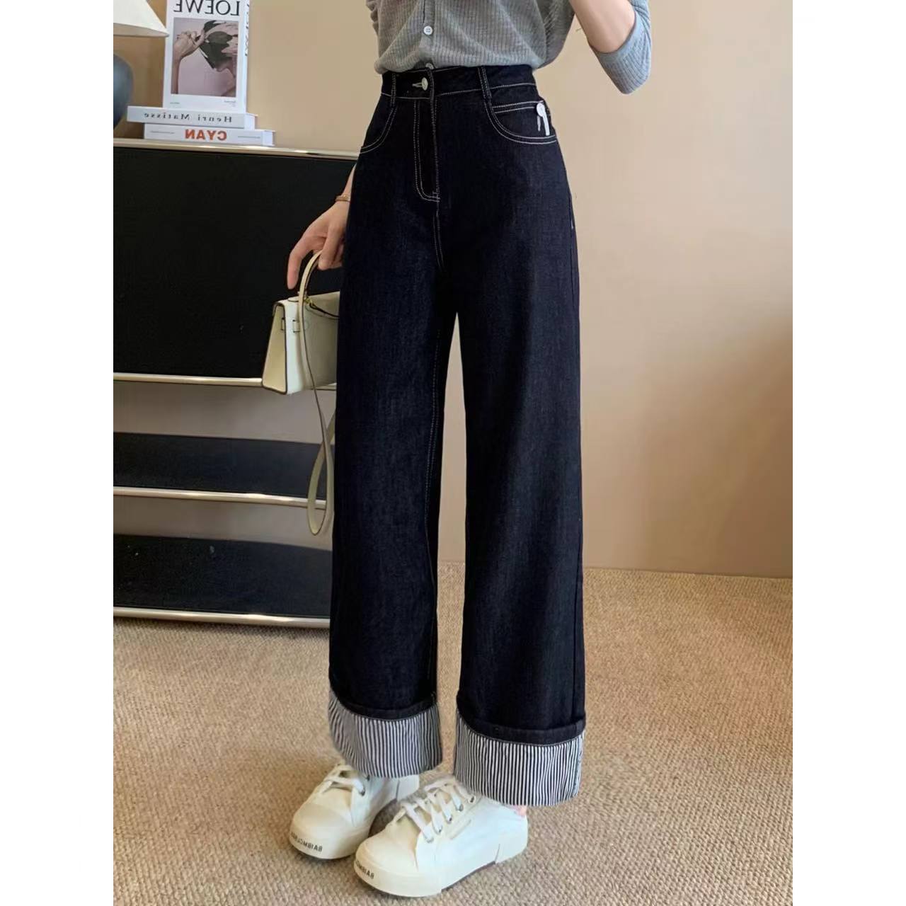 「加绒丹宁知秋」高个子加绒加厚翻边直筒阔腿牛仔裤