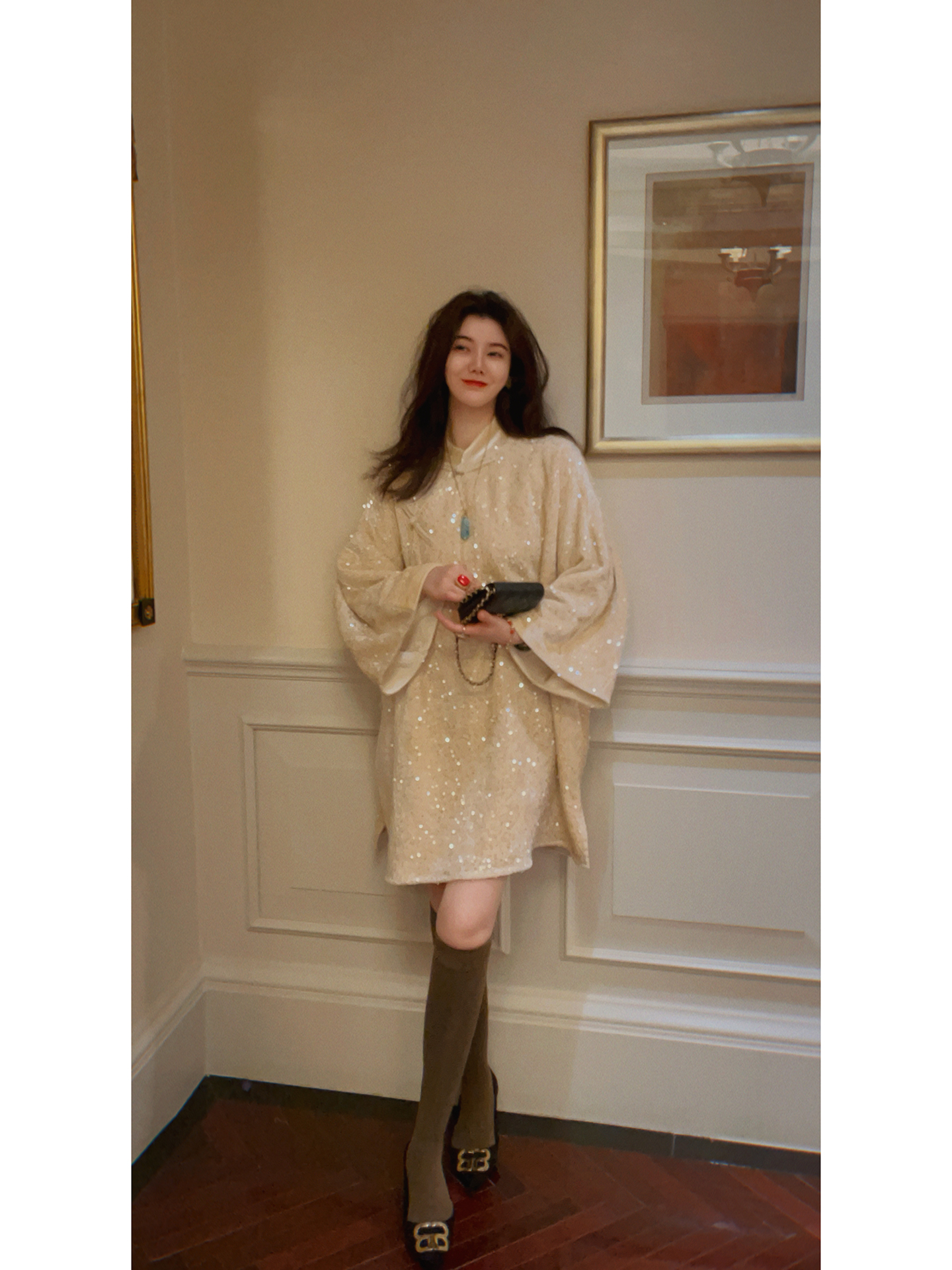 yanyan【暖杏珠光】冬款珠片名媛小香风丝绒立领加厚棉服国风棉袄裙