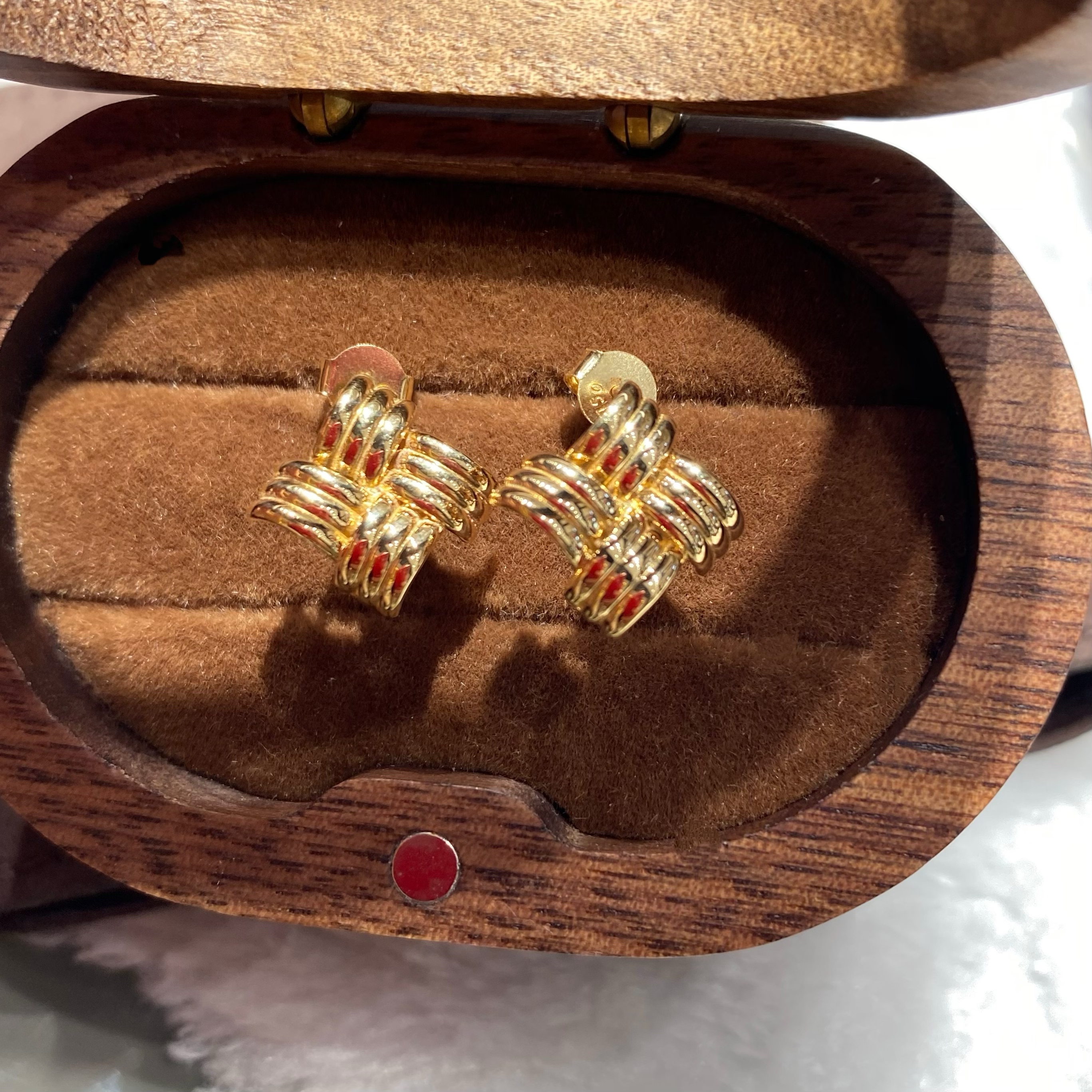 18k金复古方形耳钉 时尚 欧美 中古