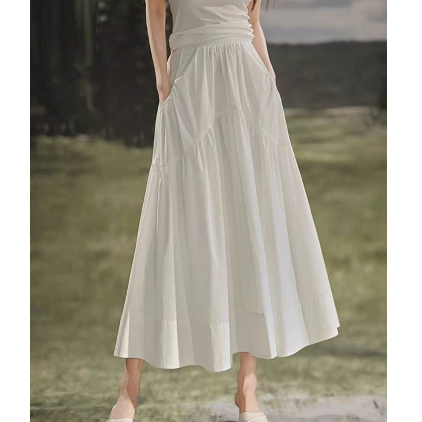 QH80491云朵半裙垂顺有冰凉感手工抽褶显瘦中长款a字裙半身裙