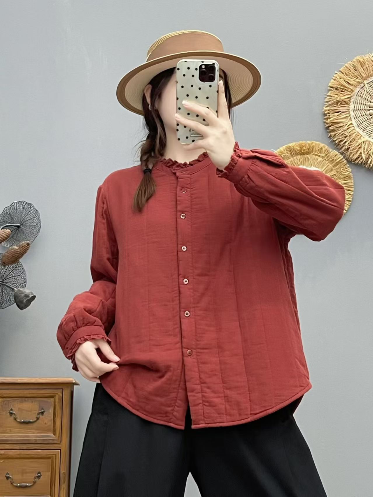 加棉立领子花边领衬衫时尚休闲宽松保暖上衣衬衫8812