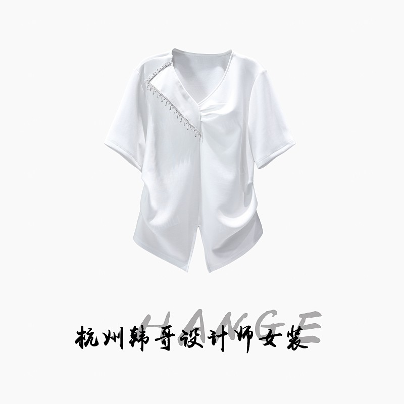 【韩哥女装】2025欧版设计师月光白不规则V领收腰休闲短袖9831-C2