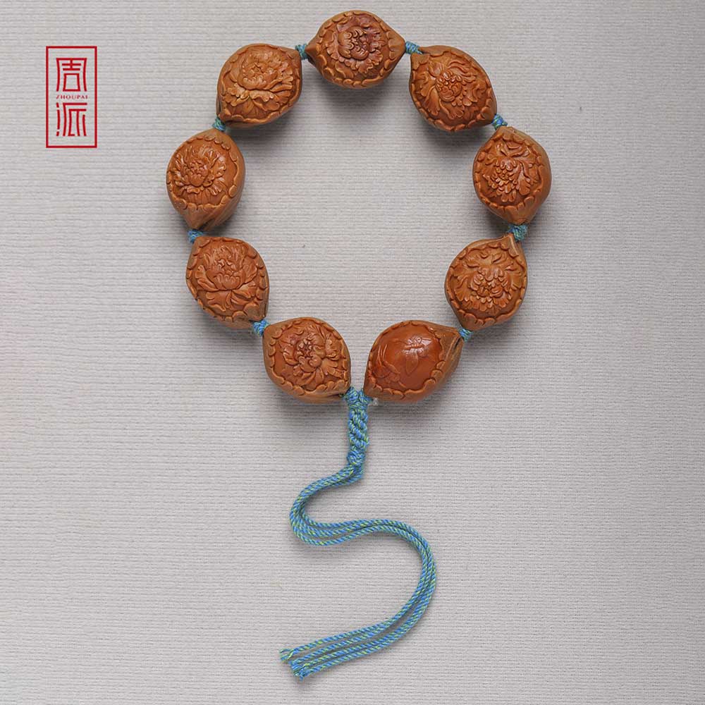 周派春毅核坊包衣花开富贵橄榄核手串苏工纯手工核雕牡丹花