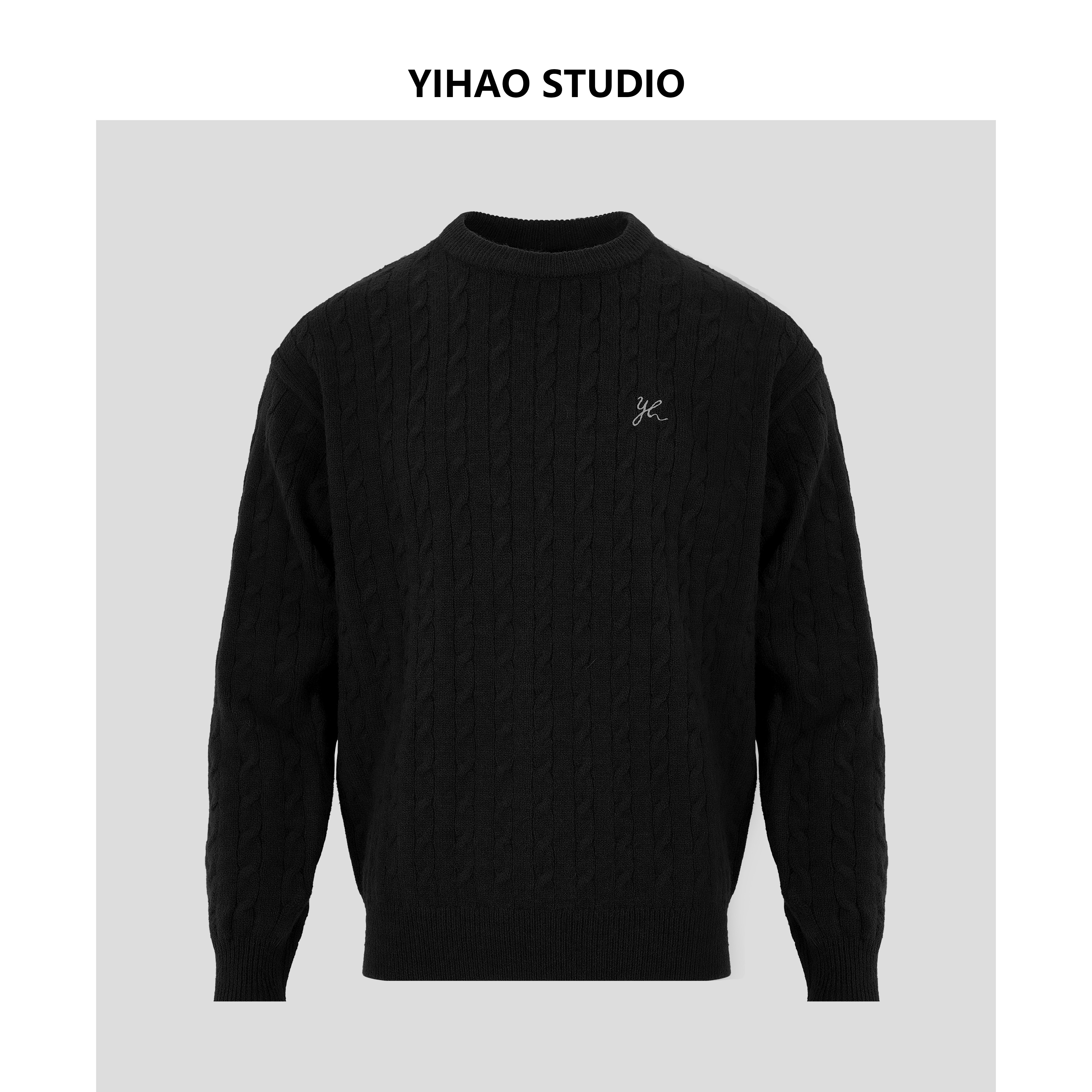 YIHAO STUDIO新年限定男款圆领提花毛衣秋冬休闲小刺绣针织衫