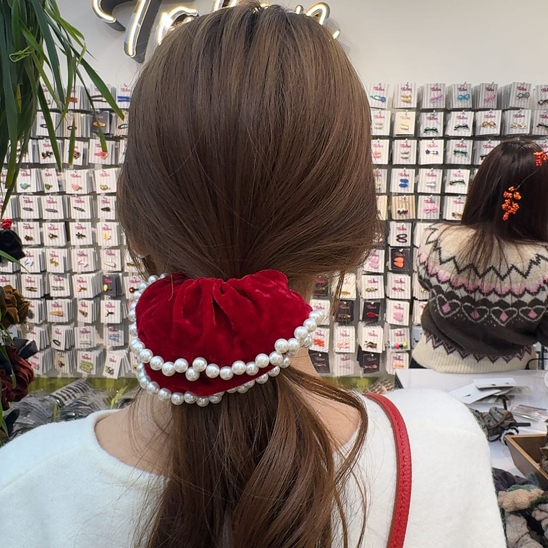 非金属新年款红色丝绒珍珠发圈