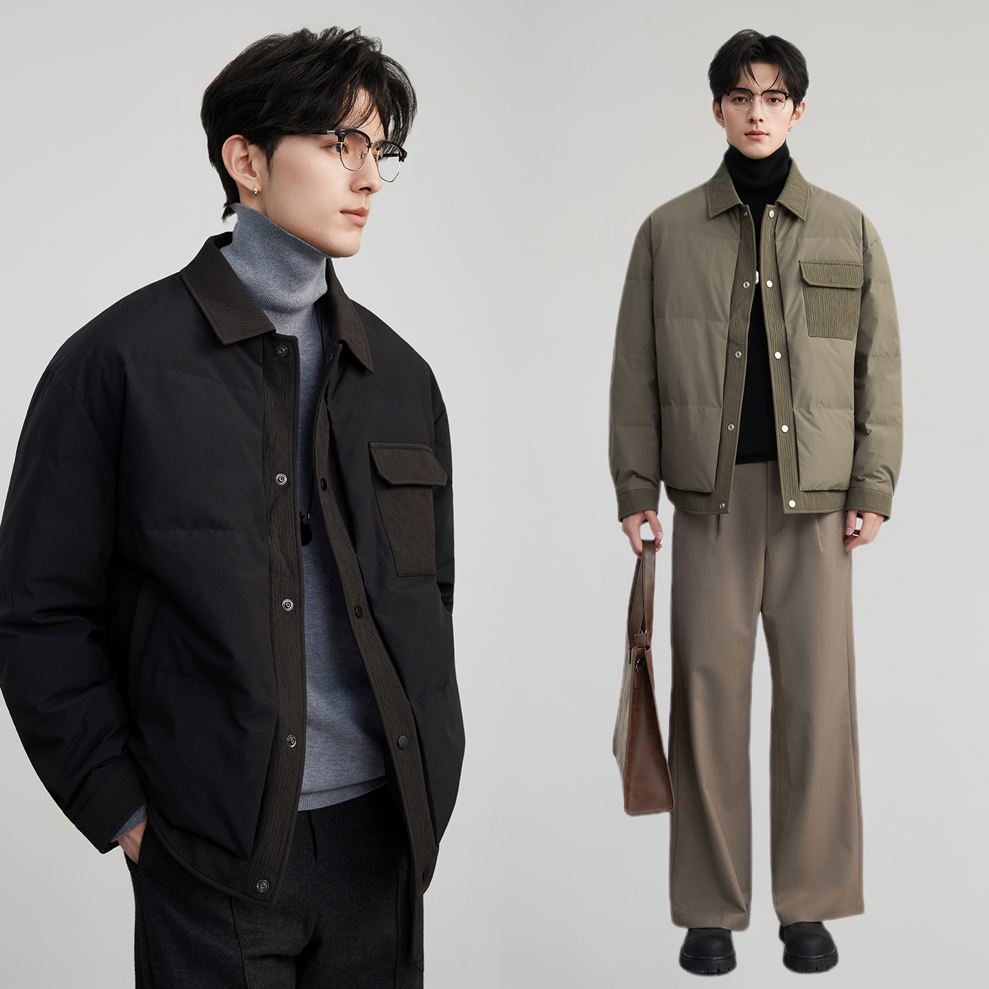 [假两件肌理感设计]冬季短款轻薄羽绒服男25新款高级翻领保暖外套