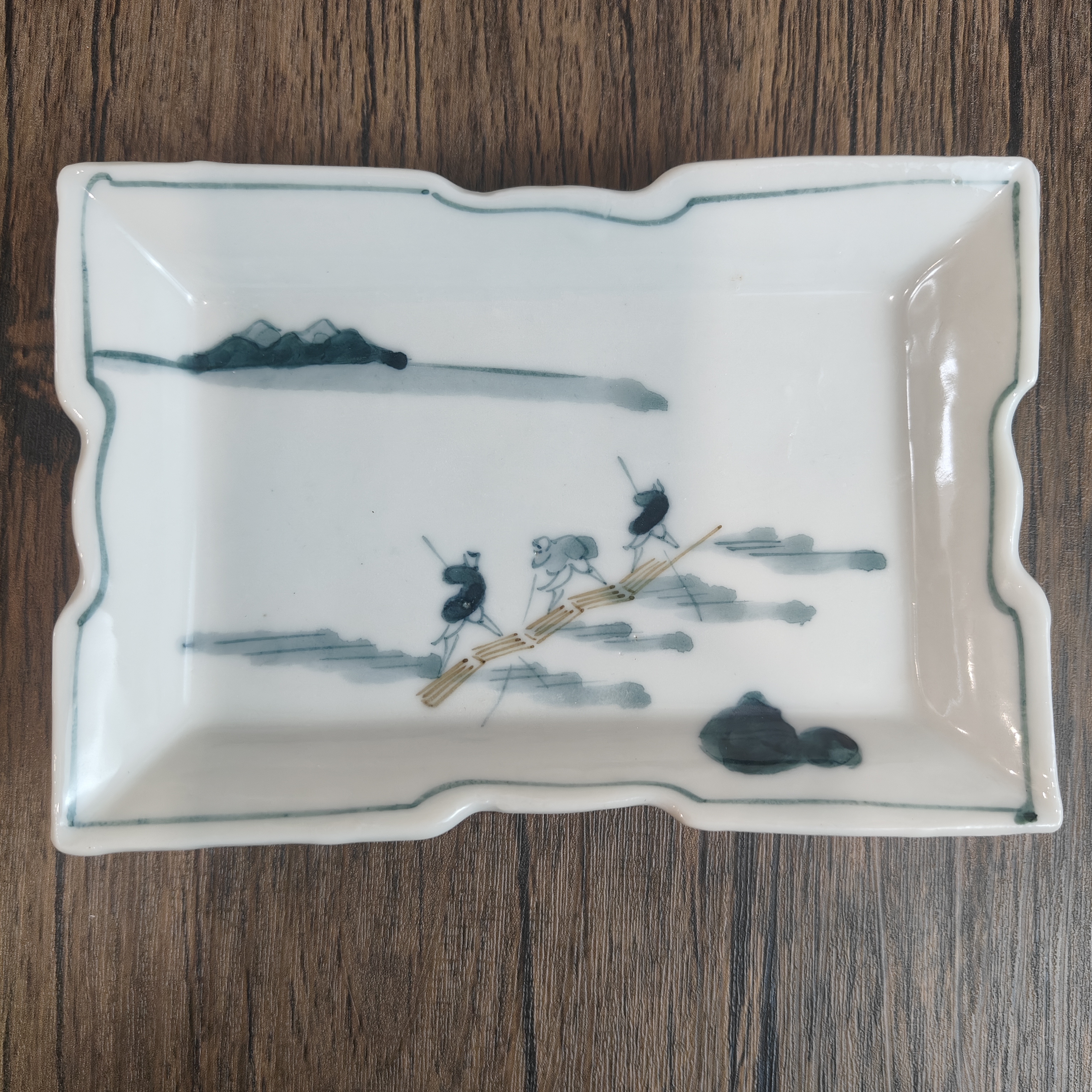 日本中古日式碟子 长方形山水竹筏手绘简约花盘 干泡茶盘陶瓷碟盘