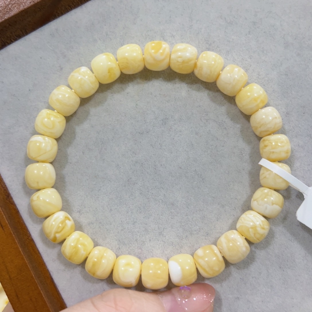蜜蜡手链未镶嵌小*8.5m瓷白花虎皮