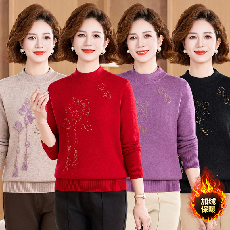 冬季新款中老年女装妈妈装半高领提花时尚休闲加绒加厚针织毛衣08