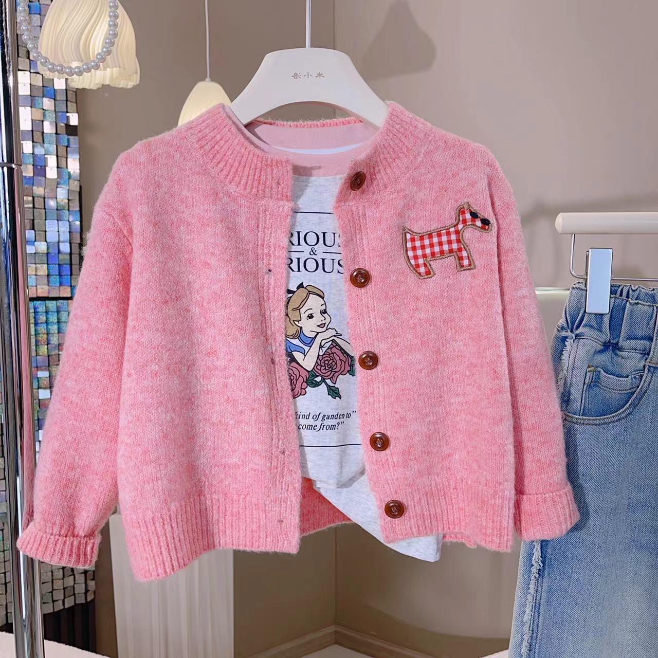 【米拉5】女童玫粉色针织开衫洋气秋冬季中大童毛衣2025新款
