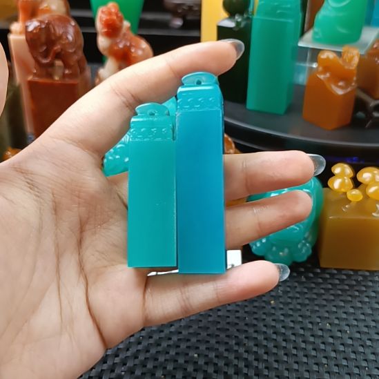 朱***立印石寿山石天空蓝如意纽