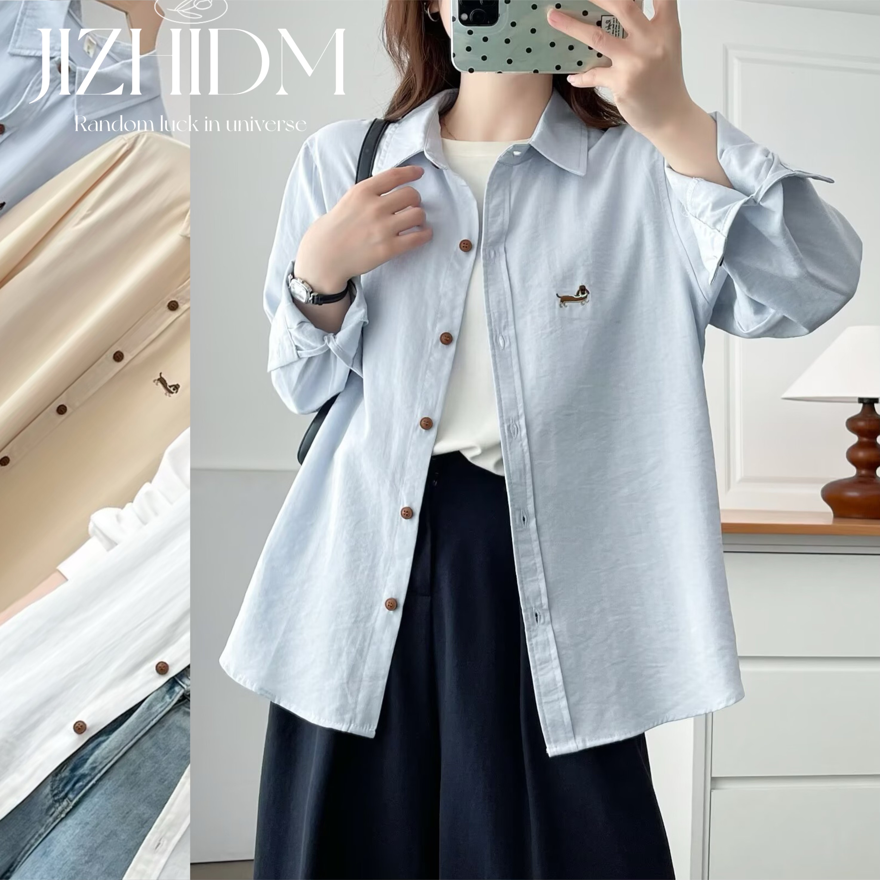 【100-200斤】秋季新款刺绣卡通POLO领长袖衬衫女宽松显瘦外搭上衣