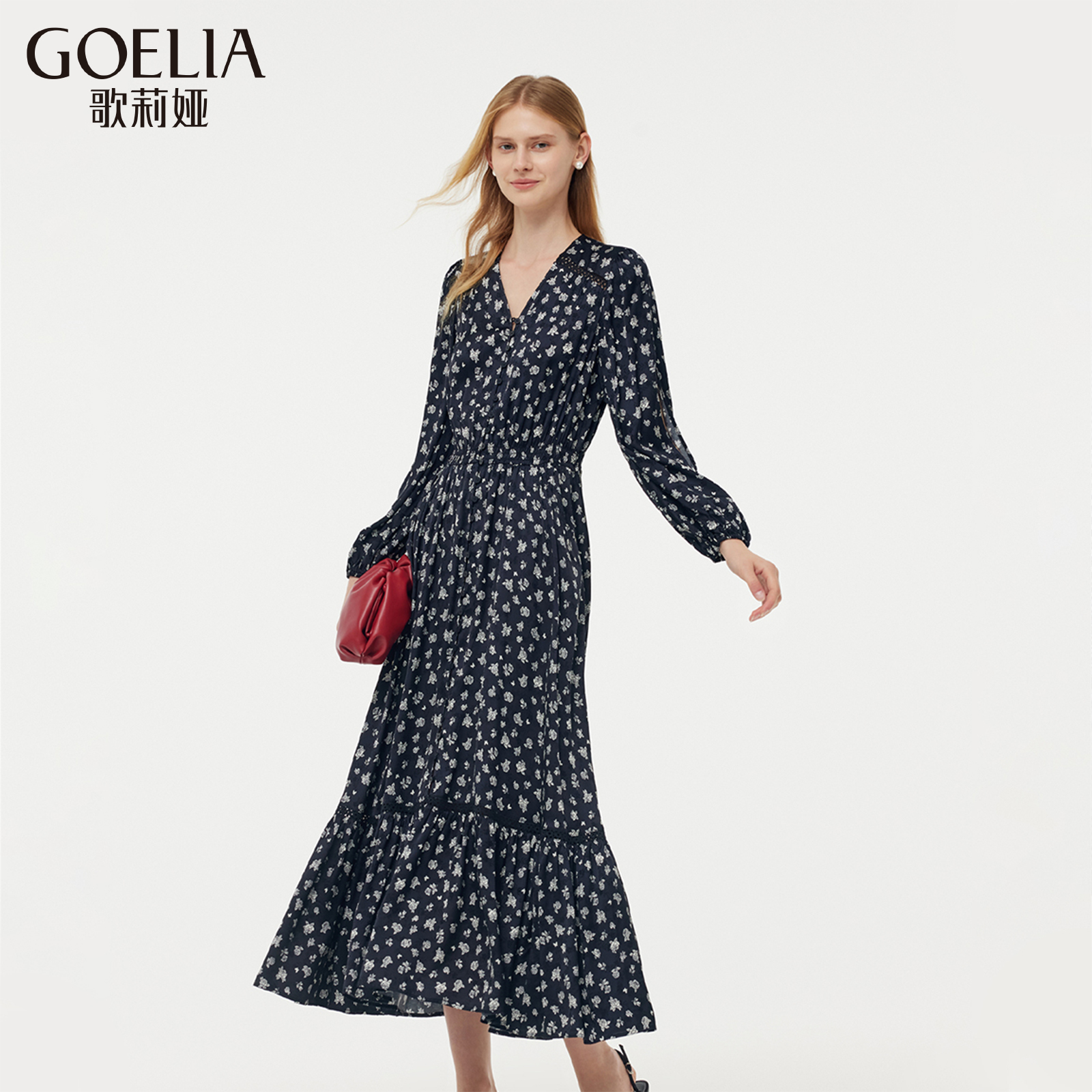 【商场同款新品】歌莉娅春季玫瑰印花长款连衣裙日常长袖1E2R4K260