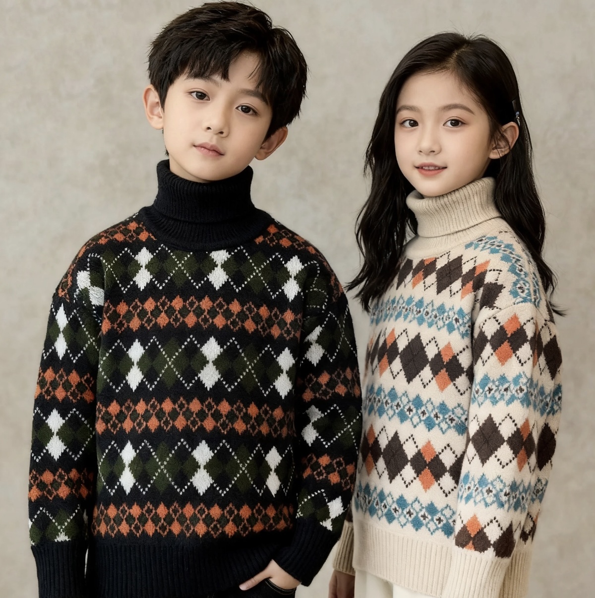 2025秋冬加厚二翻领毛衣儿童洋气时尚男女童套头针织衫百搭款