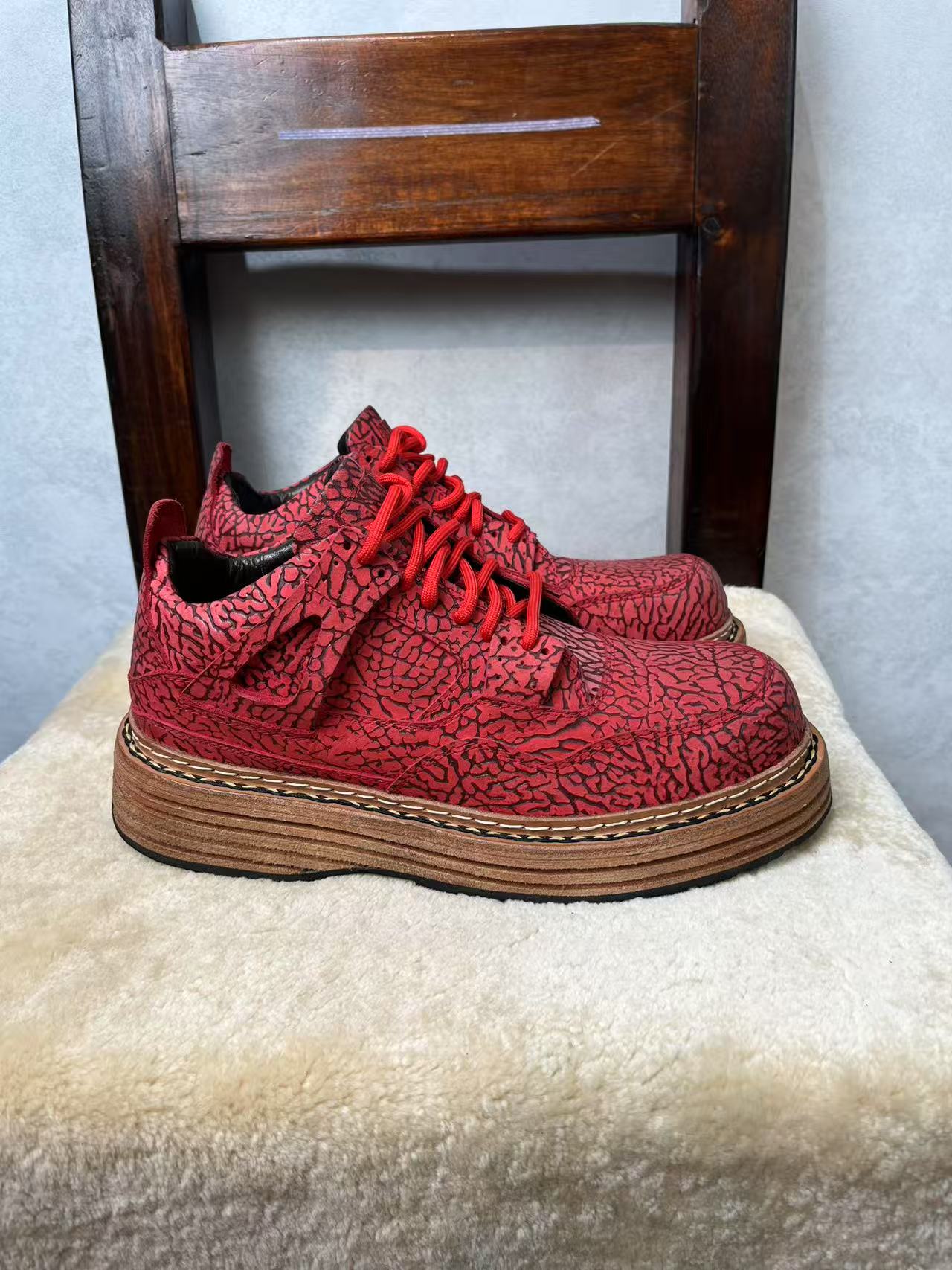 男士休闲加厚真皮牛皮板鞋运动鞋休闲板鞋时尚透气编织红色纯手工