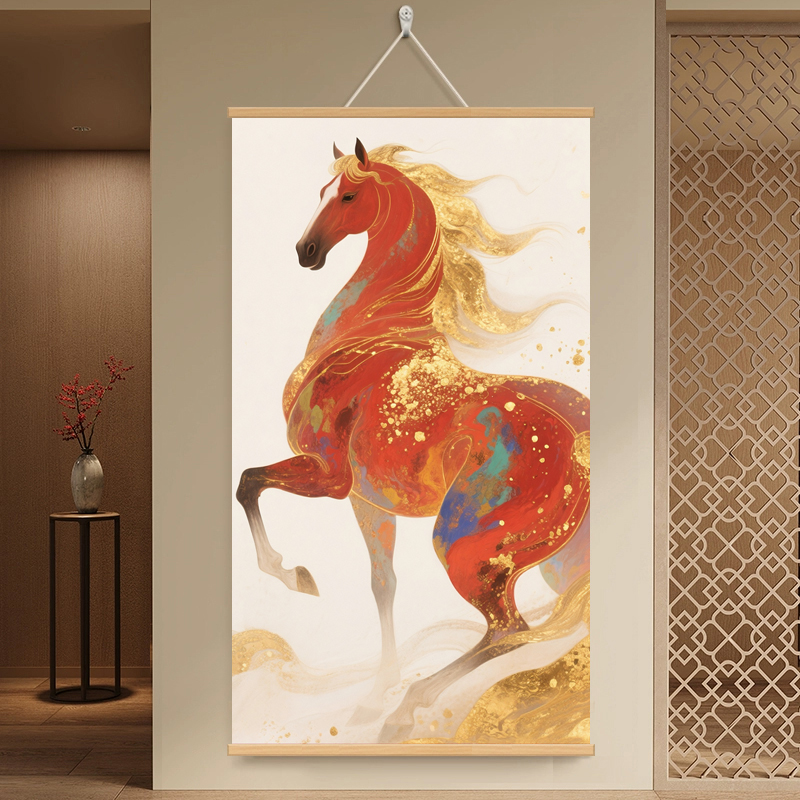 【70x120 高级书法绒布】骏马精神玄关挂画客厅挂画