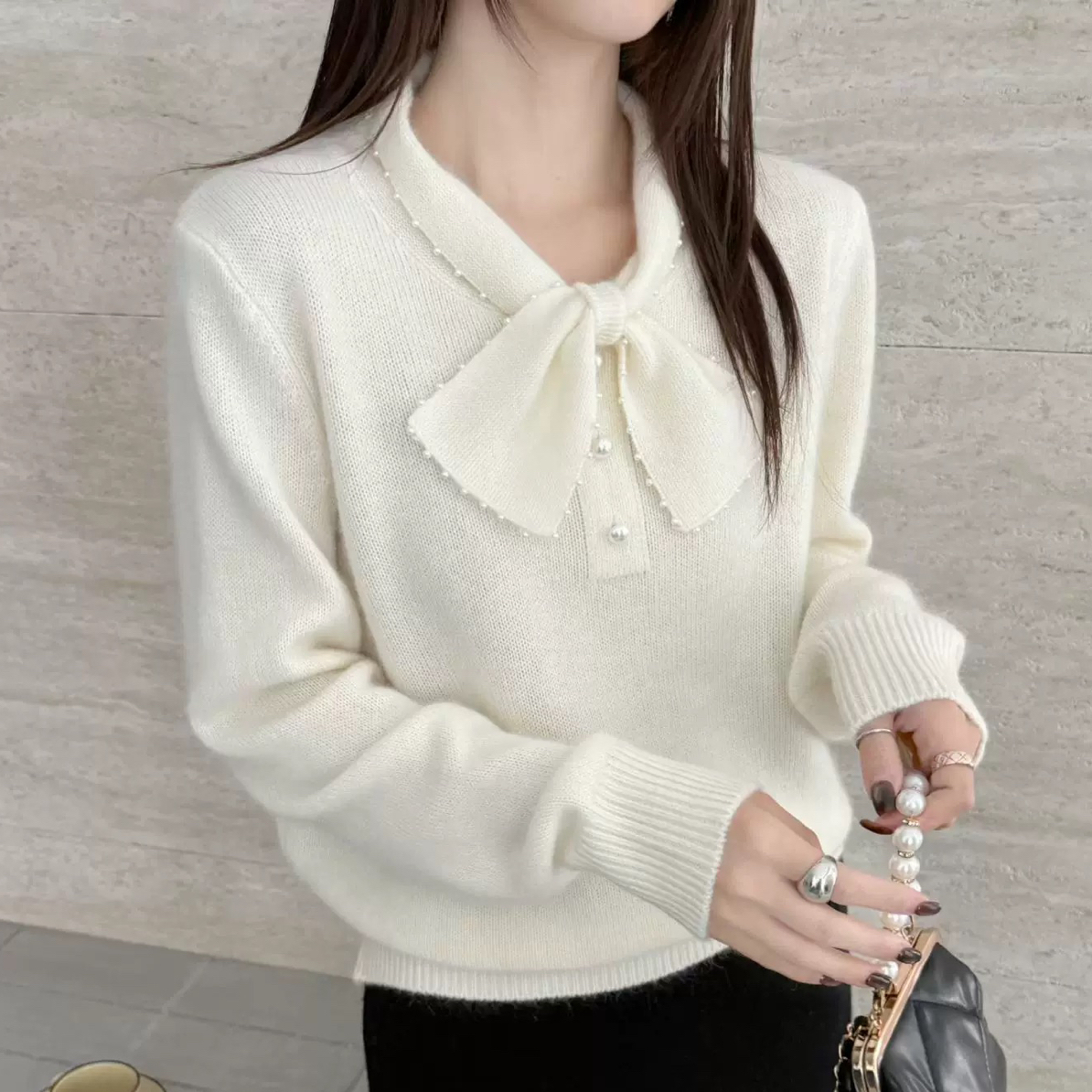 〔珍珠领结〕〔不可机洗〕韩系冬款蝴蝶结钉珠套头针织衫上衣
