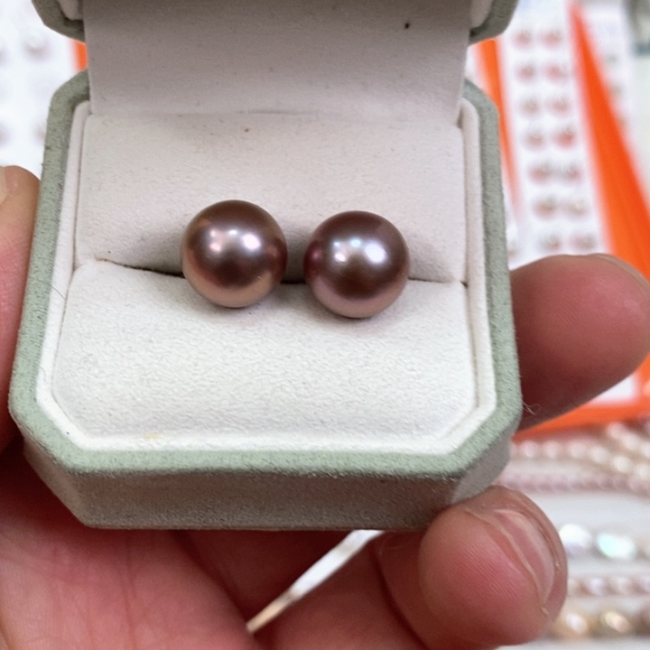 淡水珍珠耳饰银S925镶嵌11-12mm紫色耳钉