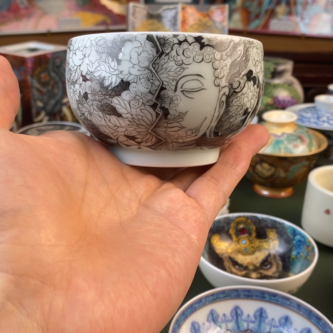 手工手绘墨彩佛头主人杯