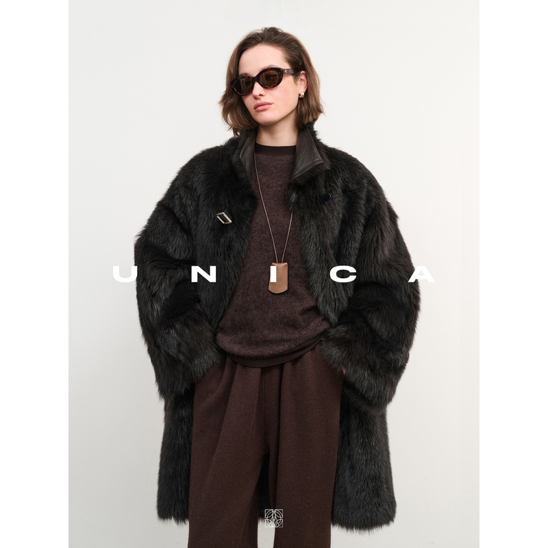 UNICA/欧洲进口托斯卡纳皮毛一体廓形翻领牛皮袢御寒保暖皮草外套