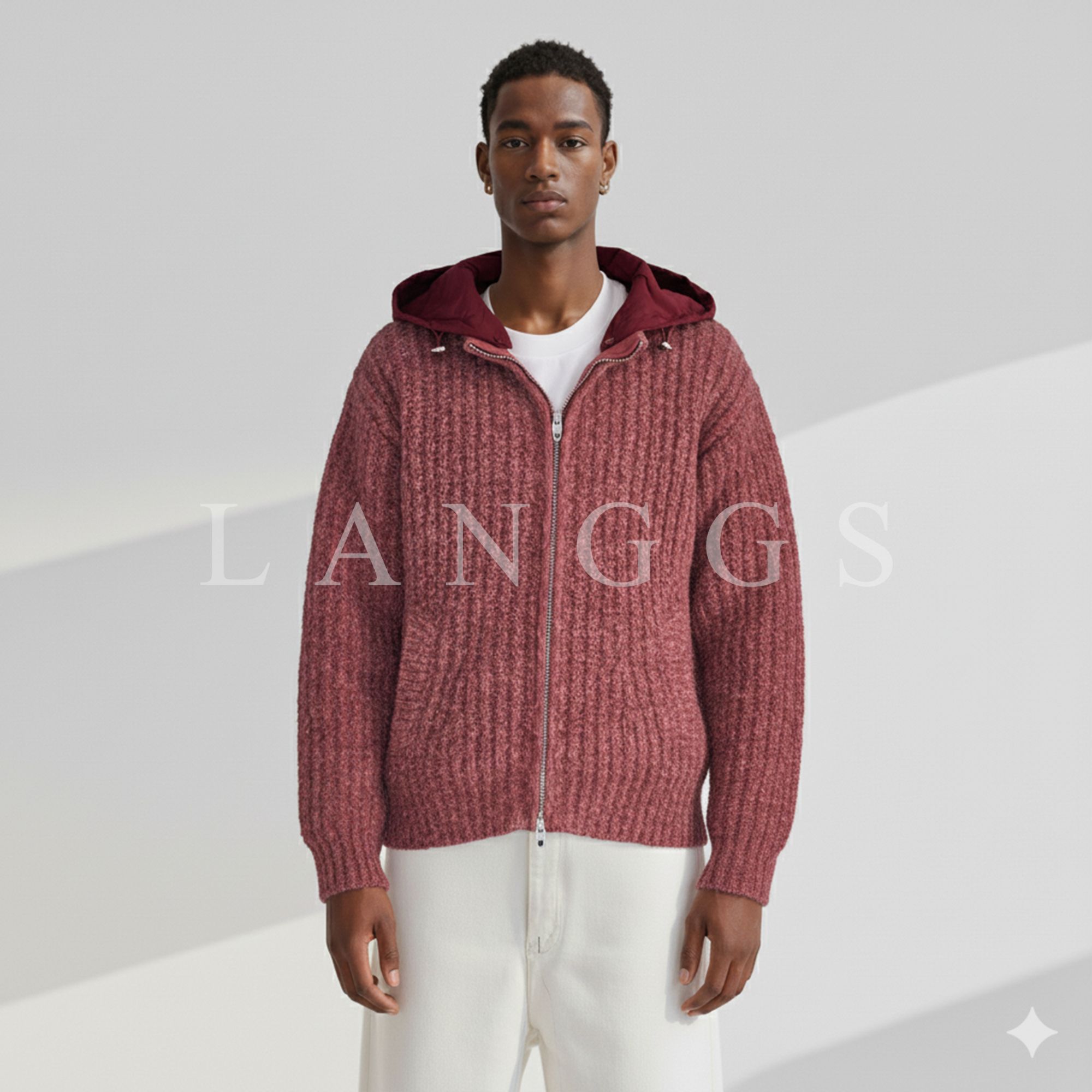 LANGGS&浪叔 25冬季麻花针织羊毛混纺连帽针织开衫毛衣-FW54114