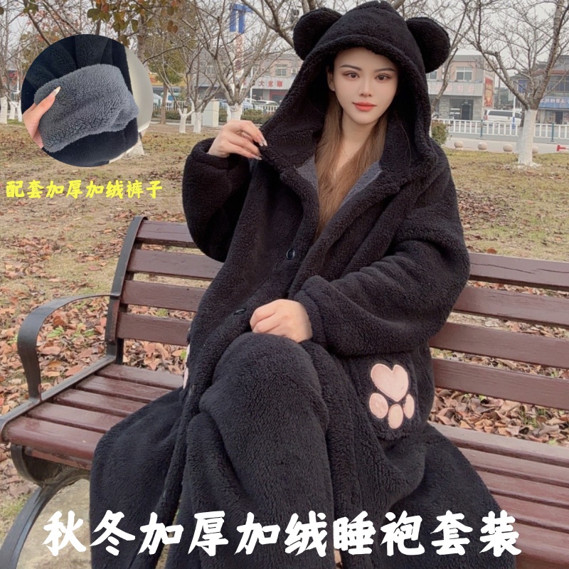 [送]2025秋冬季款睡袍女士保暖睡衣双层加厚加绒美拉德长款睡袍