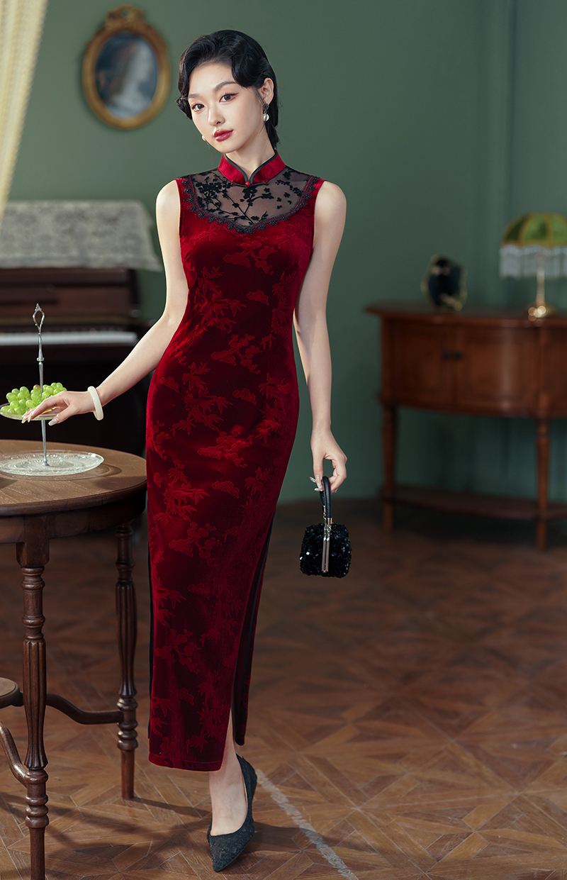 H【623】衣长125cm钻石绒弹力气质酒红旗袍