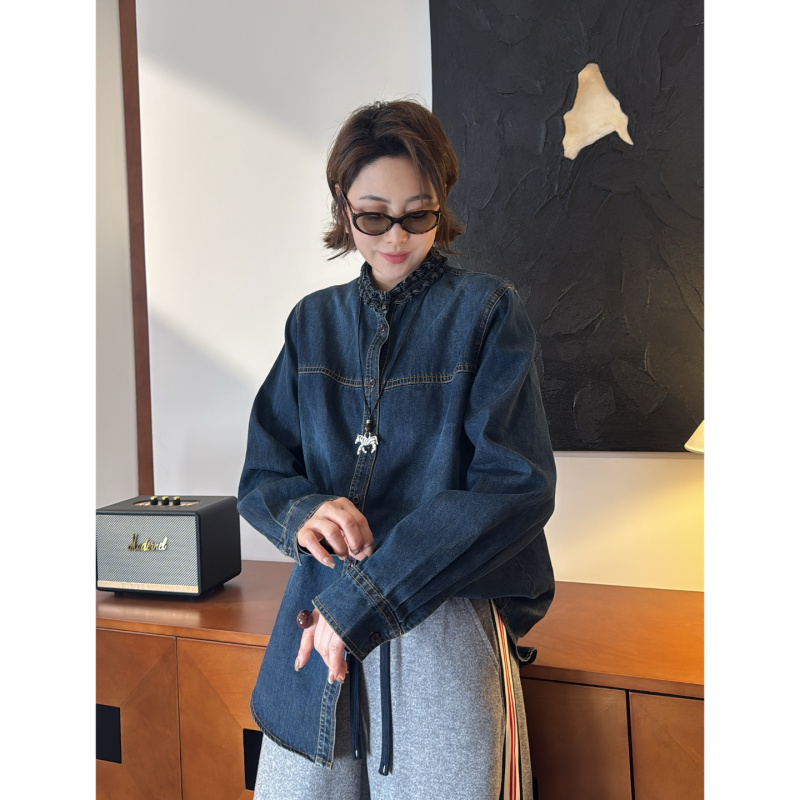 GUOYUAN高品质复古港风花边立领软牛仔衬衣 CY0089