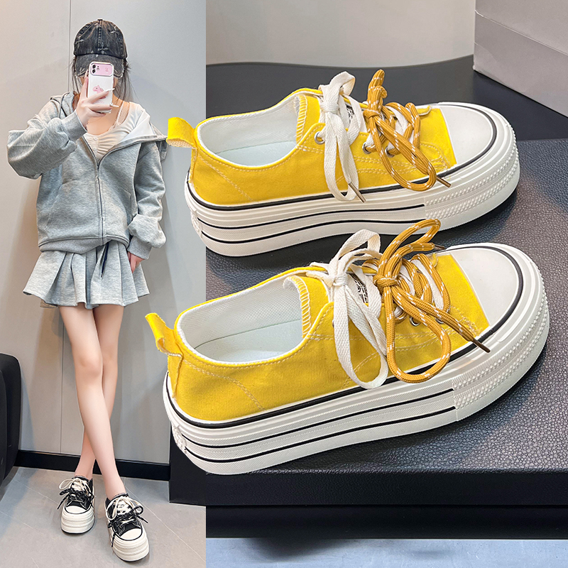 2025厚底系带松糕跟女低帮夏季帆布鞋ins百搭潮鞋女鞋7750