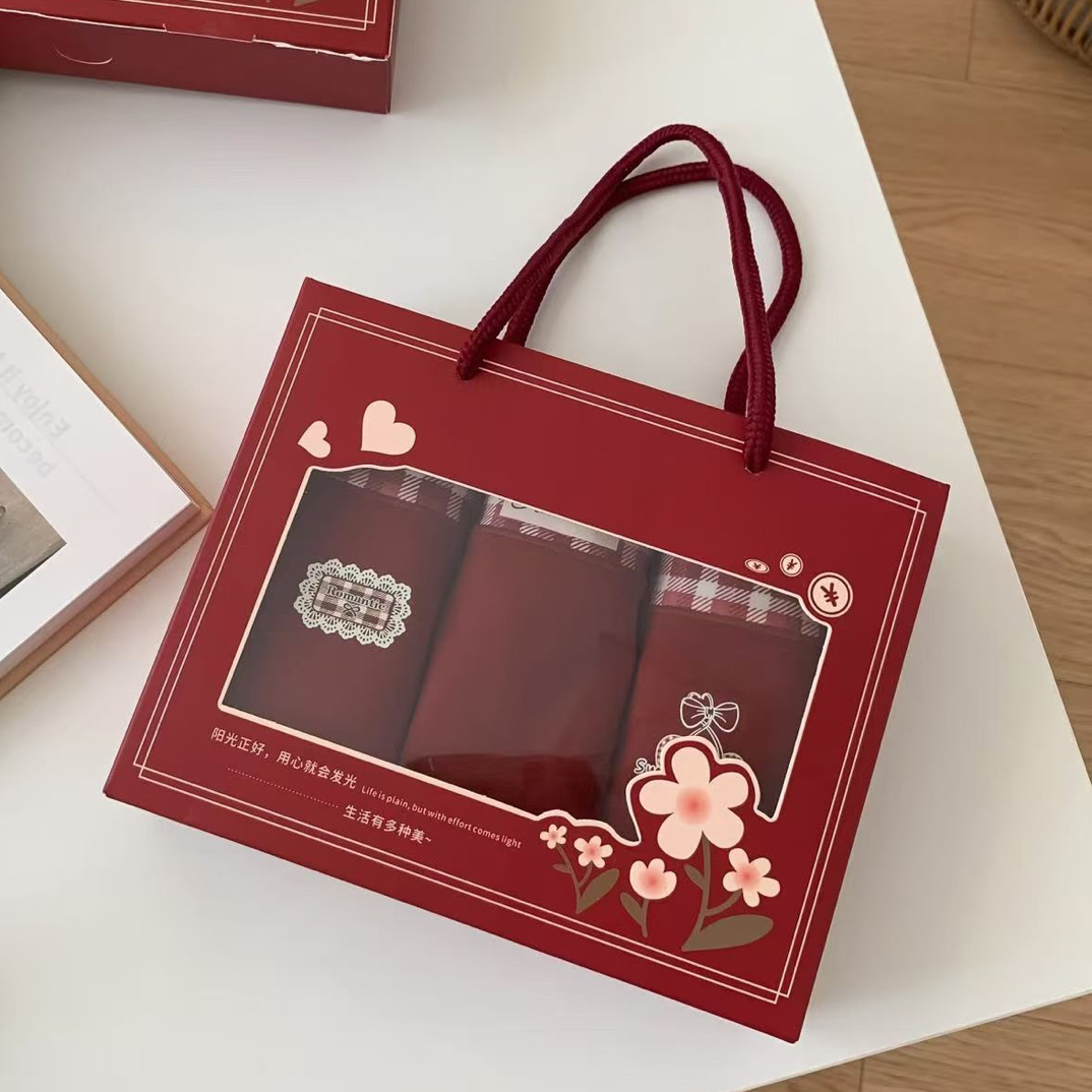 【3条礼盒装】车厘子红格子蝴蝶结本命年红色中腰女士三角内裤