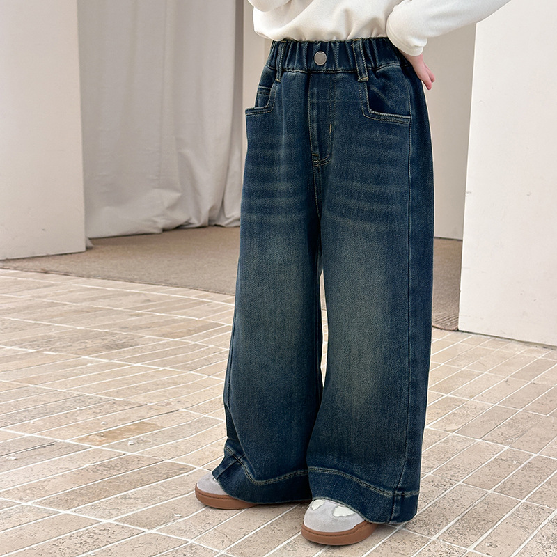 【秋冬植绒】女童韩版保暖一体绒复古拼接牛仔裤儿童直筒裤25H004