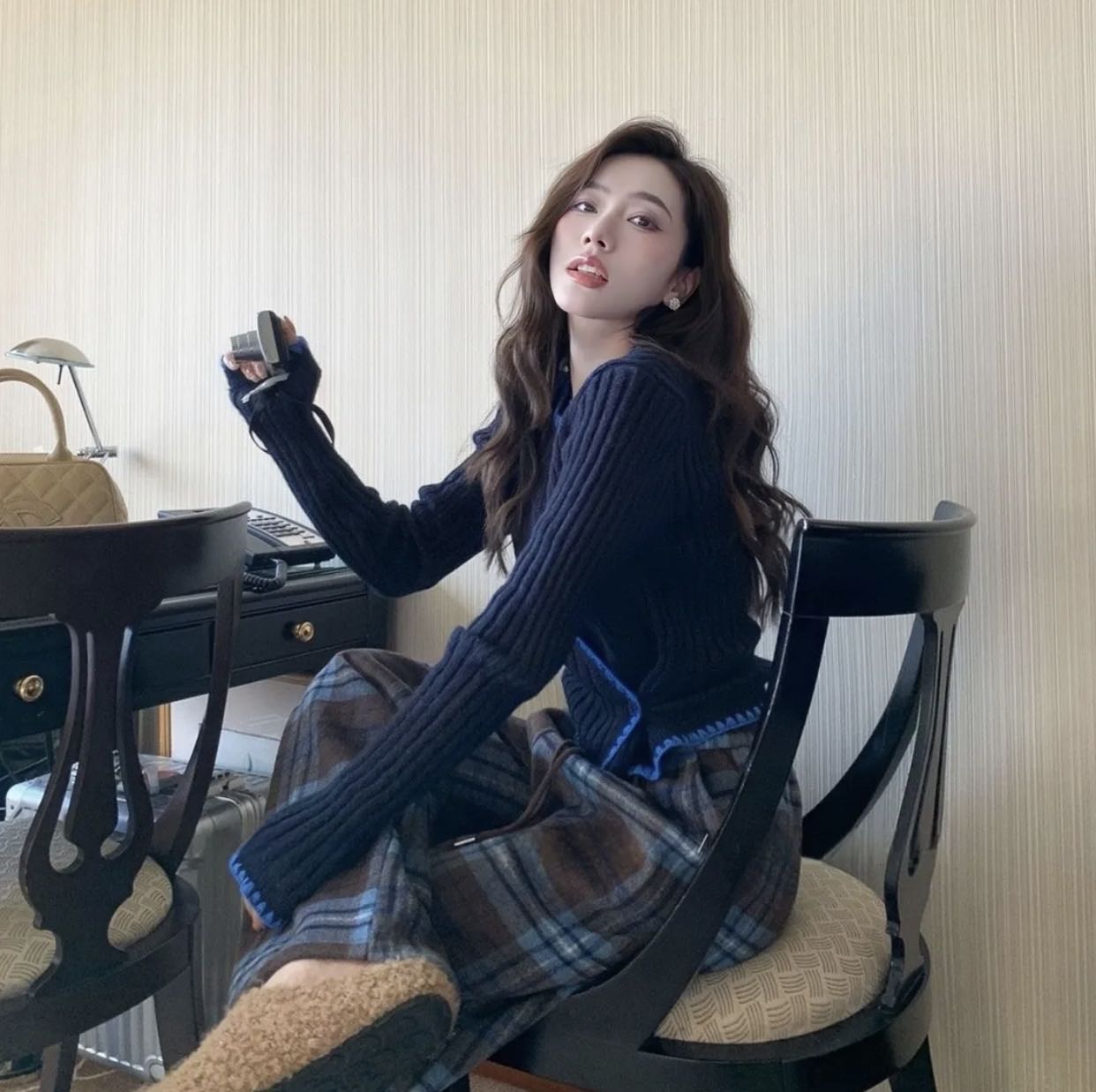 【格子裤】韩系秋季新款不规则抽绳阔腿休闲撞色显瘦秋冬气质FX09